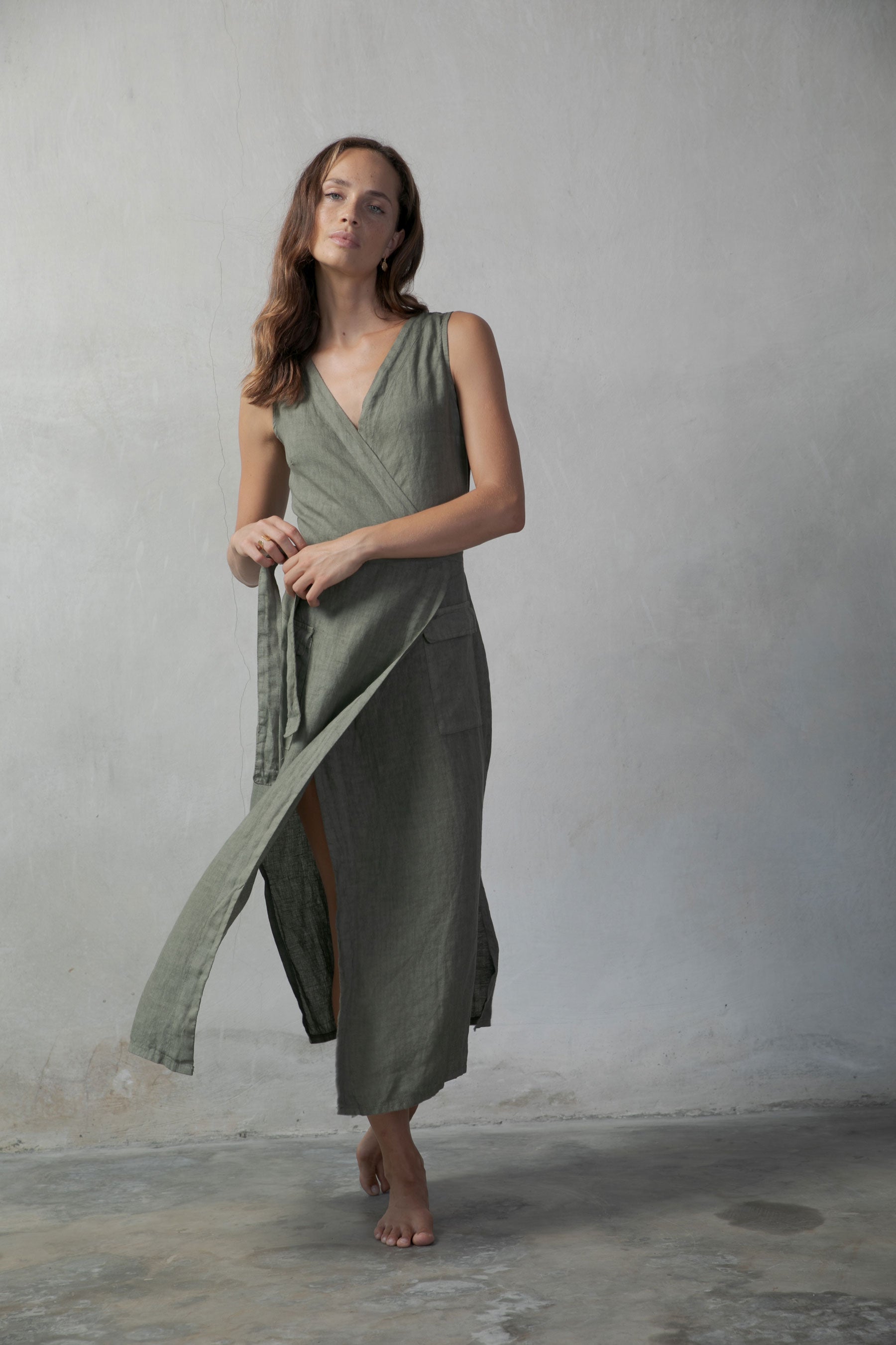 Safari Linen Wrap Dress Khaki Luxmii