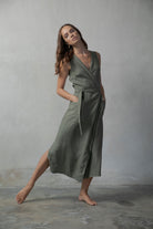 Safari Linen Wrap Dress Khaki Luxmii