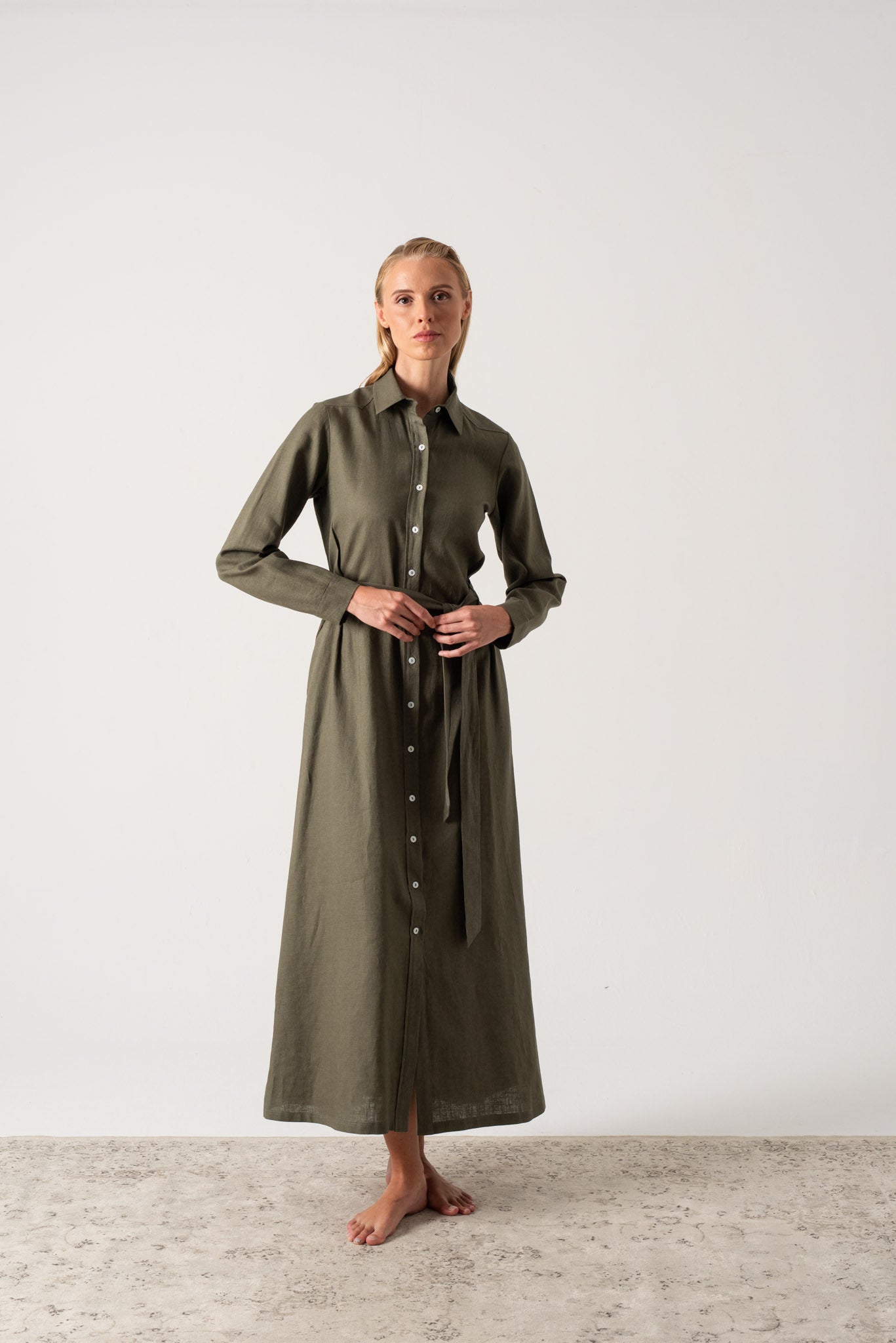 Arlo Linen Shirt Maxi Dress Khaki Luxmii