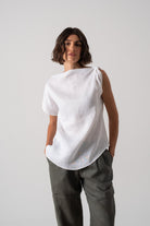 Asymmetrical Linen Knot Top White Luxmii