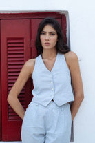 Figurati Linen Gilet Top Sky Blue Luxmii