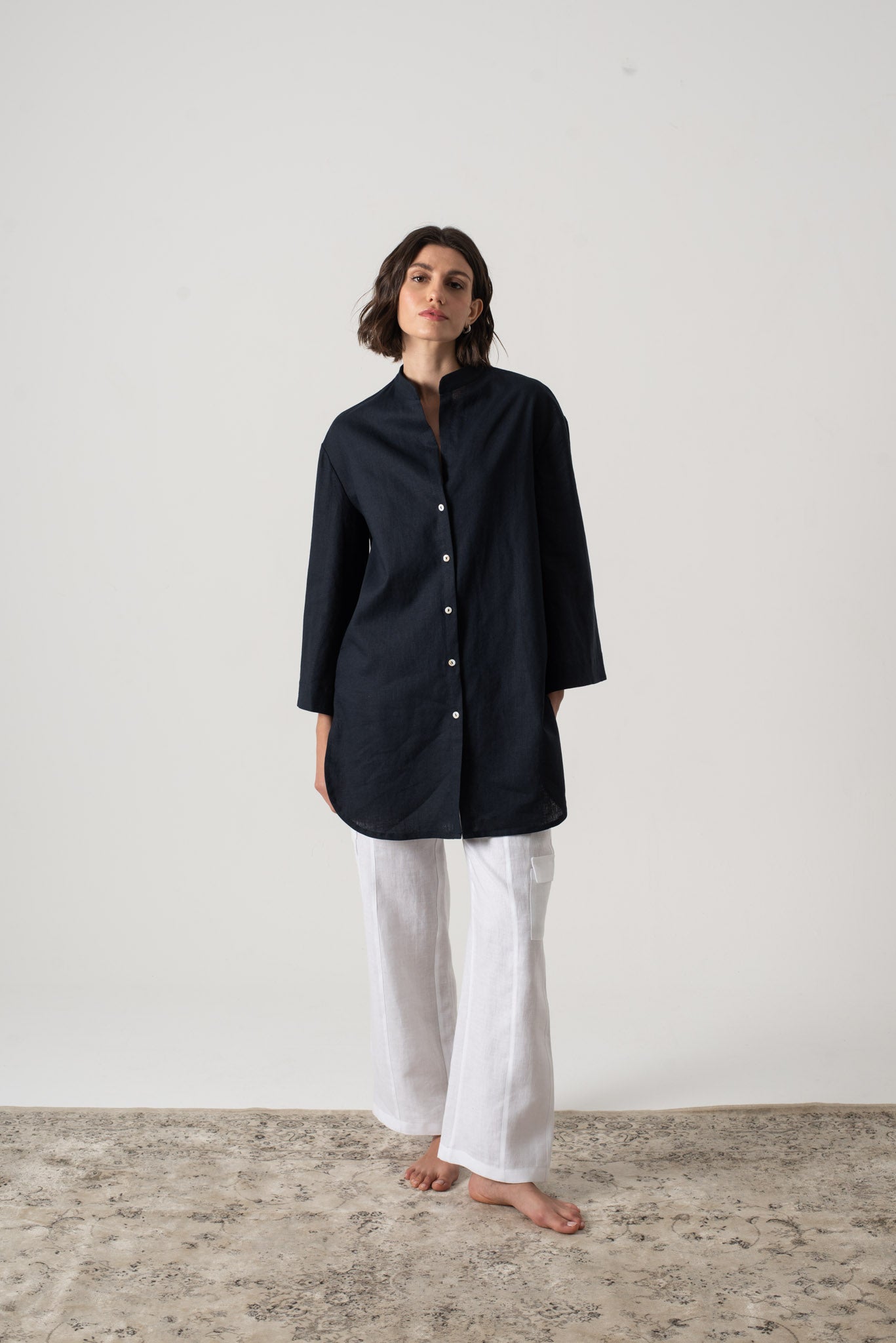 Hugo Linen Tunic Button Shirt Navy Luxmii