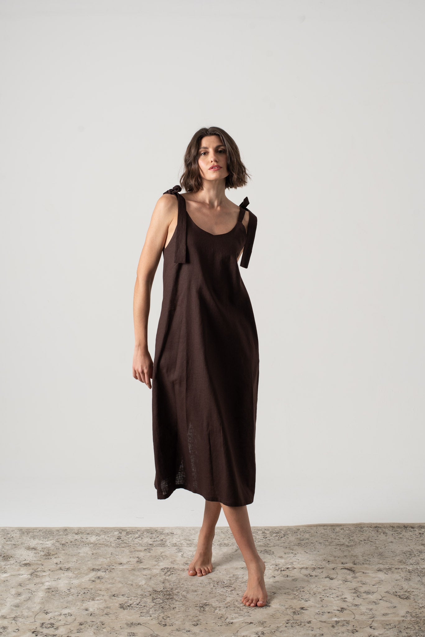 Jakob Linen Slip Dress Brown Espresso Luxmii