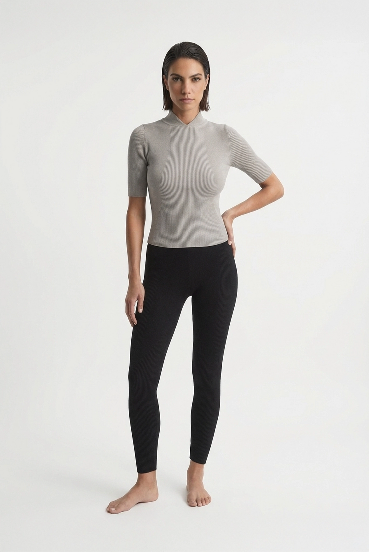 Ribbed Entonnoir Top in Pebble Grey Luxmii