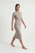 Ribbed Midi Polo Dress in Pebble Grey Luxmii