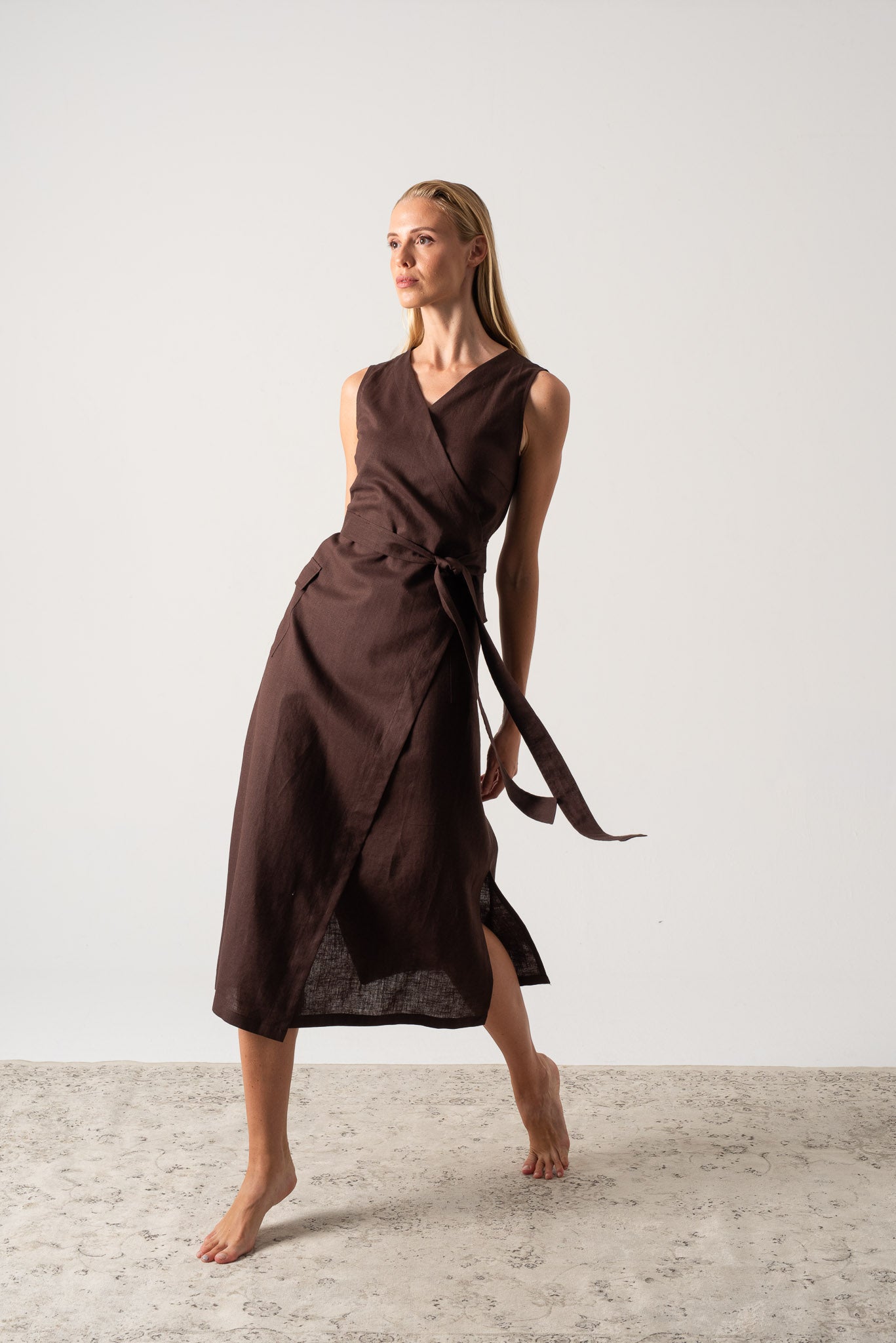 Safari Linen Wrap Dress Brown Espresso Luxmii