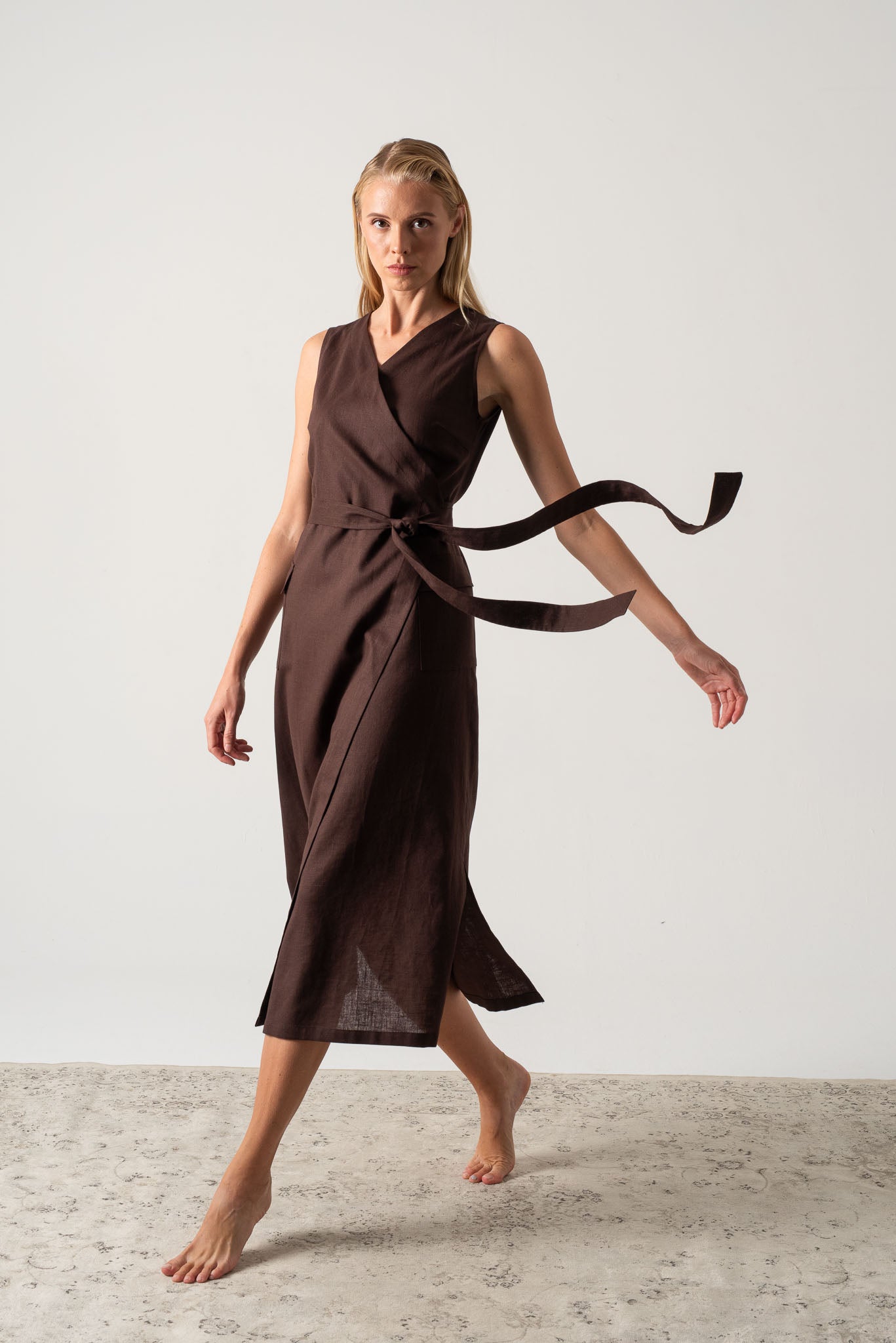 Safari Linen Wrap Dress Brown Espresso Luxmii