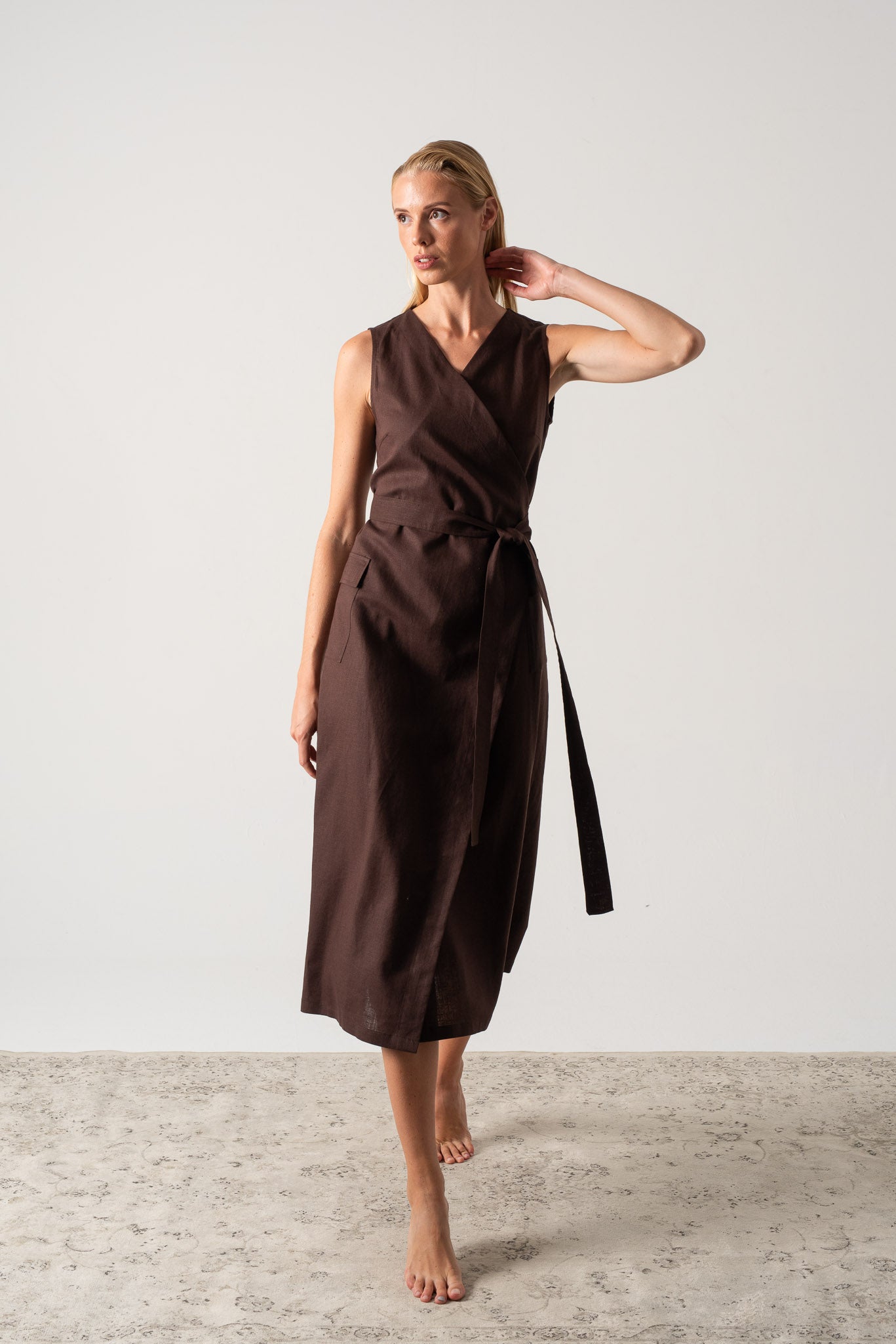 Safari Linen Wrap Dress Brown Espresso Luxmii