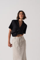 Zinnia Linen Cropped Top in Black Luxmii